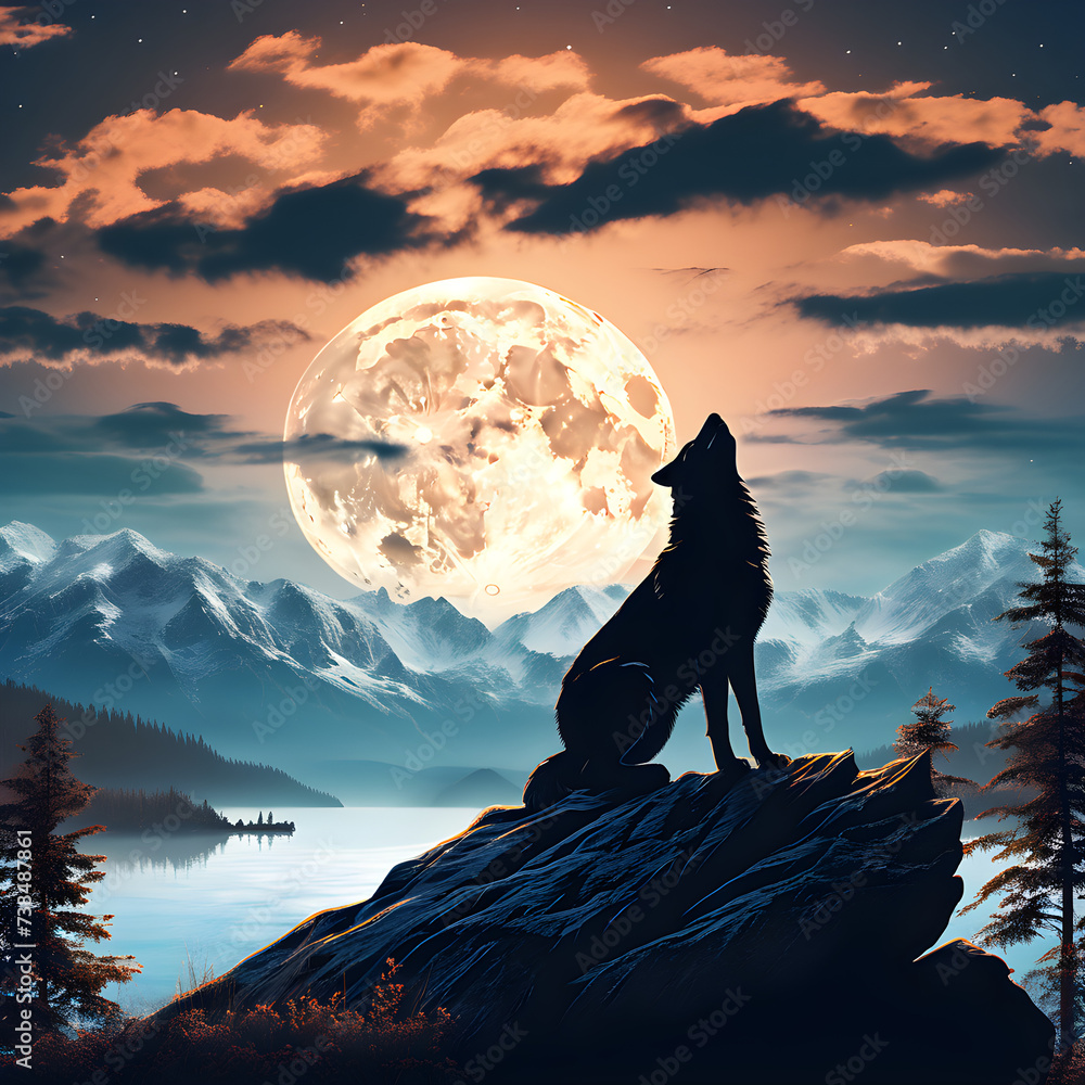 silhouette of the wolf howls with the night and the full moon
