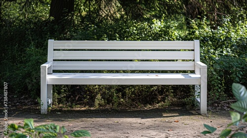 Shot of a white bench in a park.