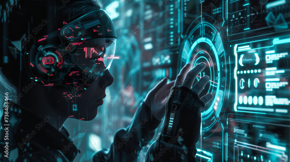 A cyborg, android or augmented human operationg a hologram interface A cyborg, android or augmented human operationg a hologram interface