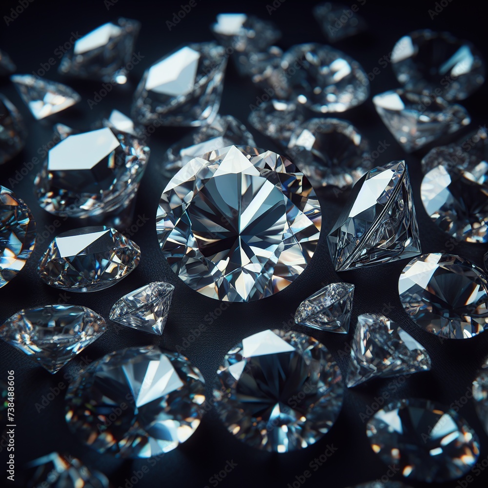 Scatter of large and several small diamonds, black background Scatter of large and several small diamonds, black background