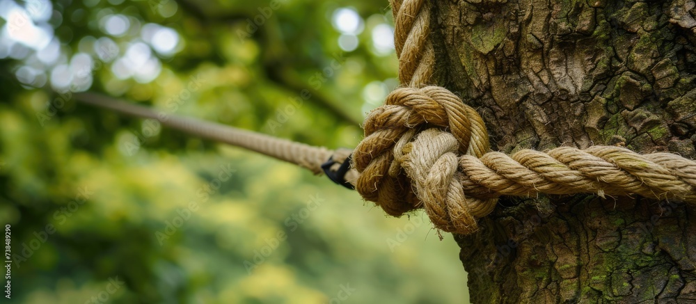 Securely fastened, a robust nylon rope is attached to a tree or object for safety purposes. Securely fastened, a robust nylon rope is attached to a tree or object for safety purposes.