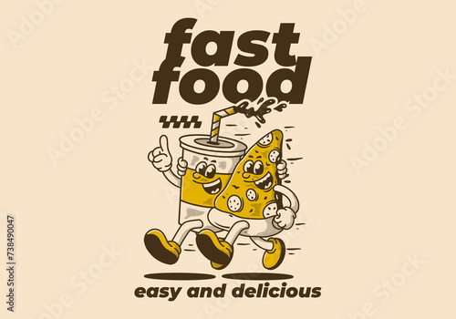 Fast food, easy and delicious. Character illustration of running pizza and soft drink