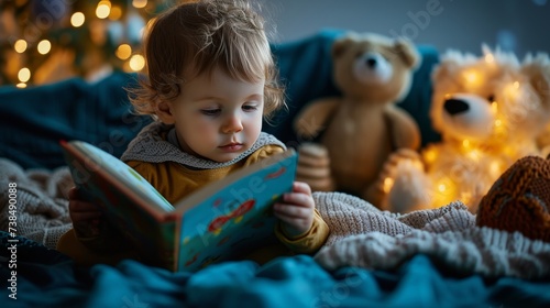 Magical journey of Gen Alpha child with picture book, cozy blanket and stuffed animals photo