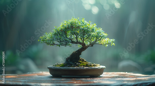 bonsai tree on a wooden table, close up photo, evenly lit, calm atmosphere, minimalist