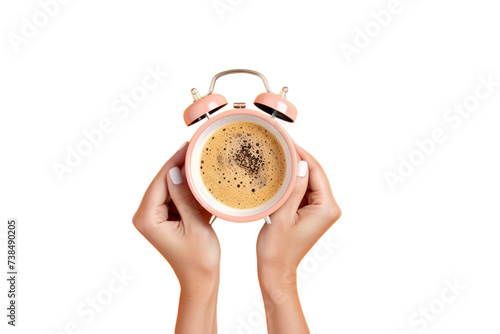 A Female hands holding alarm clock and cup, Isolated on transparent PNG background, Generative ai