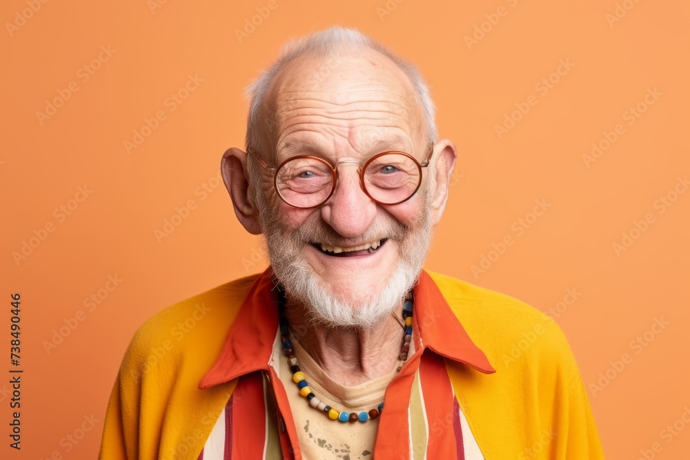 Portrait of happy senior man with eyeglasses on orange background Portrait of happy senior man with eyeglasses on orange background