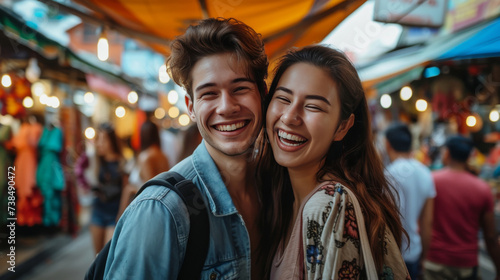 Gen Z couple enjoying exotic foods and cultures at colorful street market.