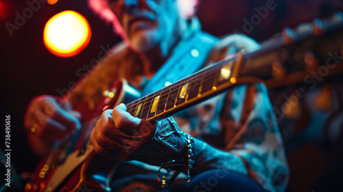 Passionate Baby Boomer blues guitar player on stage, dim light and expression