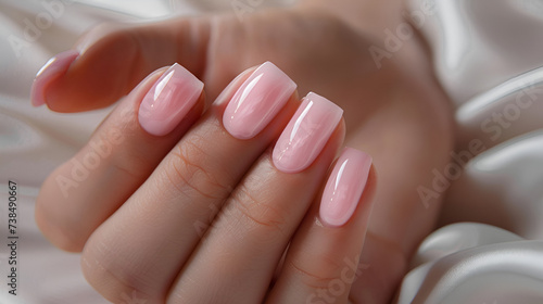 A woman's hand with short mindal nails painted in soft pink, Soft light, creating a feminine and sophisticated atmosphere.