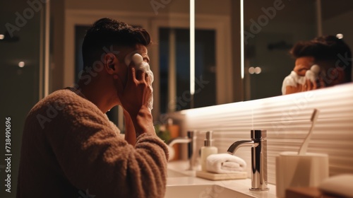 Foaming face wash and vanity lights in modern bathroom with man. photo