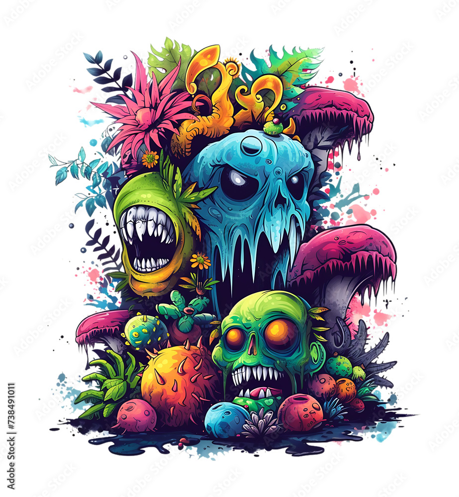 Vector illustration of a monsters with flowers and mushrooms. transparent png