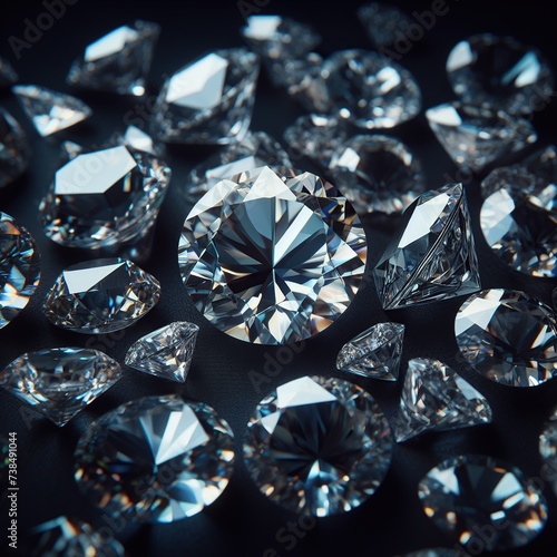 Scatter of sparkling large and many small diamonds, black background
