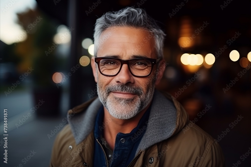 Portrait of a handsome senior man with eyeglasses at night - obrazy, fototapety, plakaty 