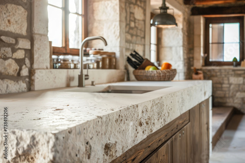 A country style kitchen with rustic and white stone countertop  leaving copy space by focusing on foreground.