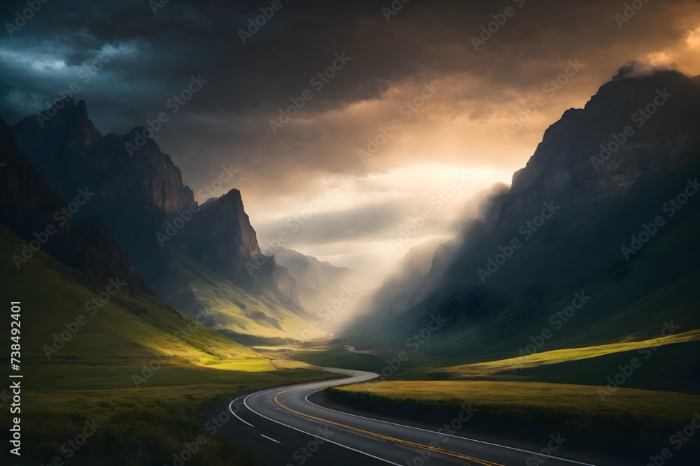 A landscape of a highway road and mountains