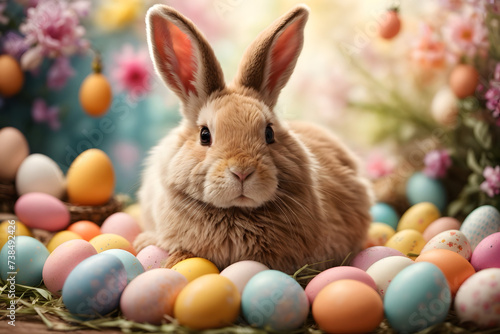 A cute rabbit with colorful Easter eggs