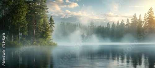Gorgeous summer scenery  misty forest lake in the morning.