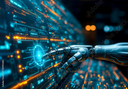 Concept of hand of robot development and recuperation, marketing strategy definition, business growth graph analysis of the global network, and business solutions provision  photo