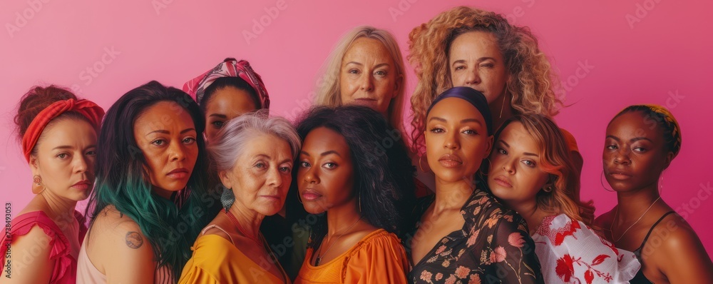 A collection of women, each distinct in age and ethnicity, come together to symbolize unity and the diverse beauty of multiple generations against a pink background.