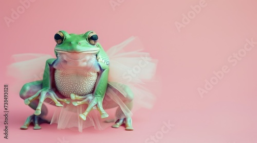 In front of a pastel background, a frog wears a tutu skirt.