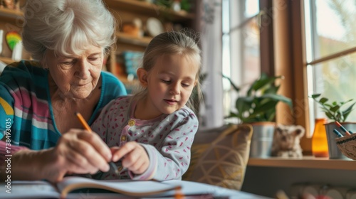 Grandma helps granddaughter with homework at home. Copy space.