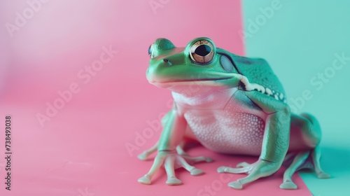 Against a pastel background, there is a frog.