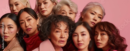 A diverse group of women, spanning various ages and ethnicities, pose together to represent unity and the beauty of multiple generations against a pink backdrop. © Andrey