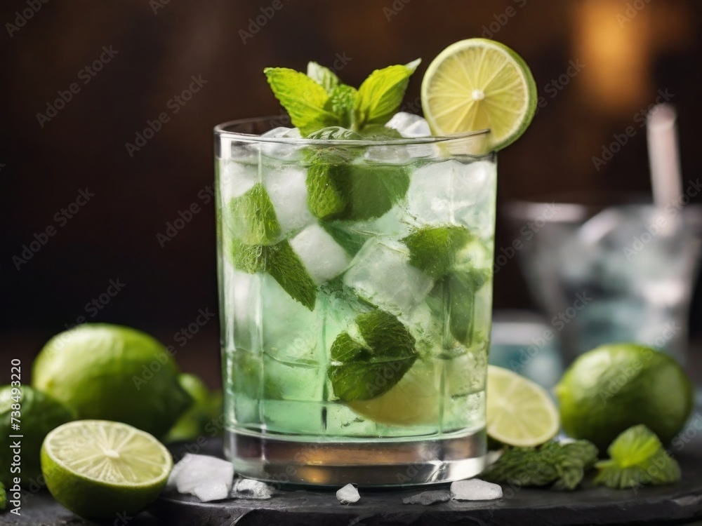 Refreshing mojito with mint leaves and lime wedges Refreshing mojito with mint leaves and lime wedges