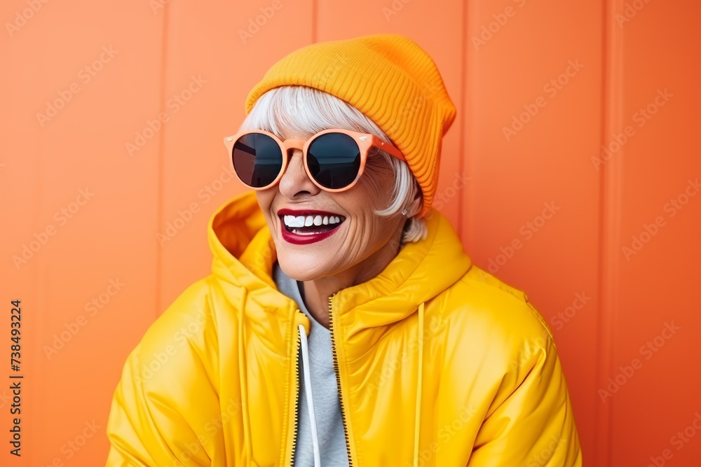 Fashionable senior woman in yellow jacket and hat on orange background Fashionable senior woman in yellow jacket and hat on orange background
