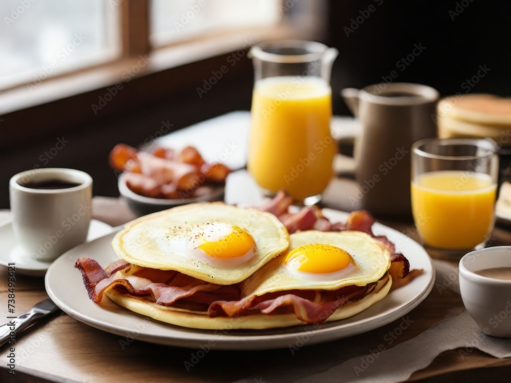 Full American breakfast with bacon, hash browns, eggs and pancakes on a plate Full American breakfast with bacon, hash browns, eggs and pancakes on a plate