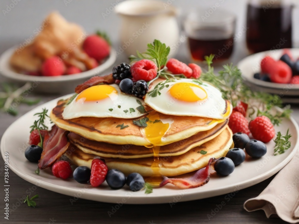 Full American breakfast with bacon, hash browns, eggs and pancakes on a plate Full American breakfast with bacon, hash browns, eggs and pancakes on a plate