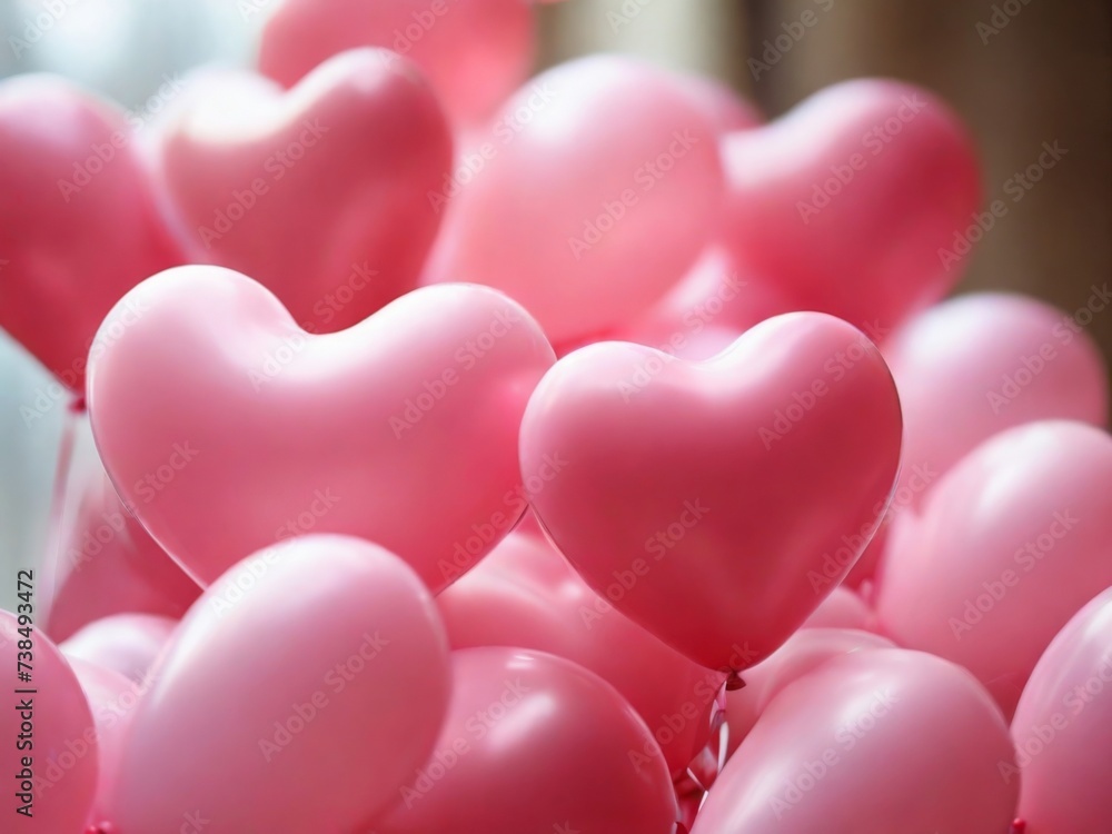 A close-up of pink heart-shaped balloons against a soft, blurry background