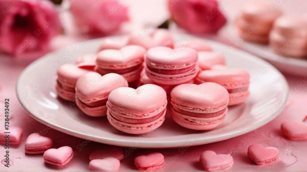 Pink heart-shaped macarons arranged on a plate Pink heart-shaped macarons arranged on a plate