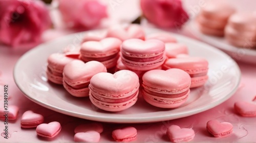 Pink heart-shaped macarons arranged on a plate
