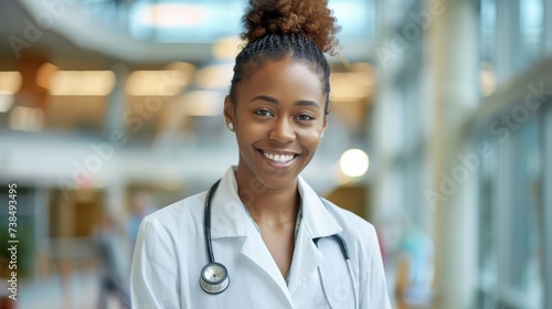 smiling female figure donning a lab coat typical of medical professionals, exuding warmth and confidence.