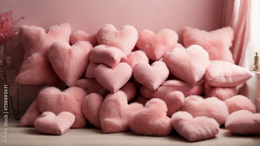 A pile of fluffy pink heart-shaped pillows, perfect for a cozy Valentine's Day setting A pile of fluffy pink heart-shaped pillows, perfect for a cozy Valentine's Day setting