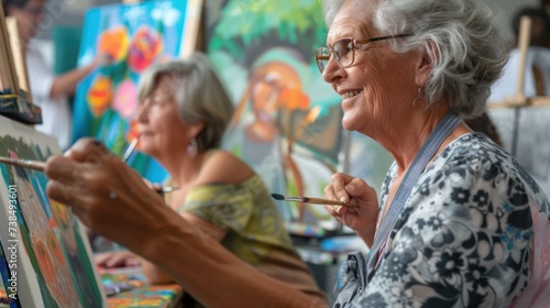 Engaged in artistic expression, a senior artist woman finds joy painting with her friends in the studio.