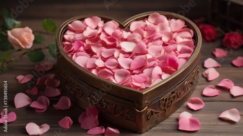 A heart-shaped box filled with pink rose petals, creating a romantic atmosphere