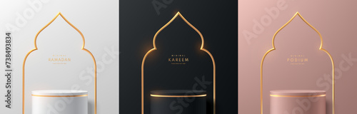 Set of silver, black, pink gold cylinder stand podium 3D ramadan kareem background. Abstract minimal scene mockup products stage showcase, Islamic Eid al Adha Mubarak festival banner promotion display photo
