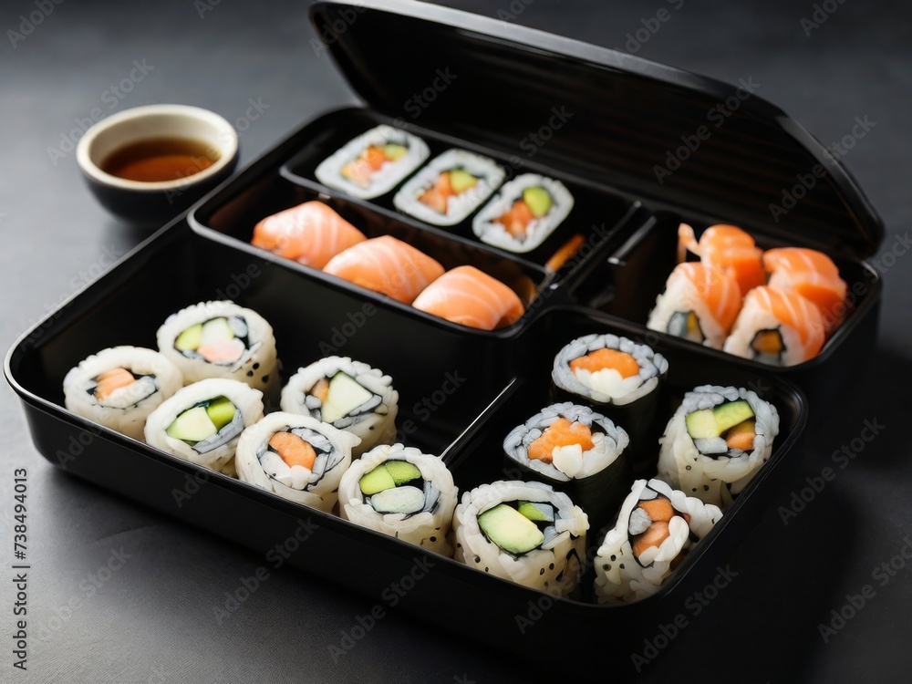 A lunch box with sushi rolls and soy sauce, placed on a black surface A lunch box with sushi rolls and soy sauce, placed on a black surface