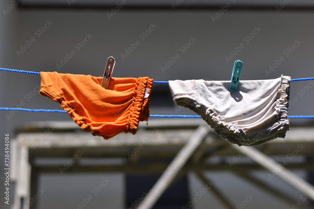 Woman panties on rope clothespin on blur background - obrazy, fototapety, plakaty 