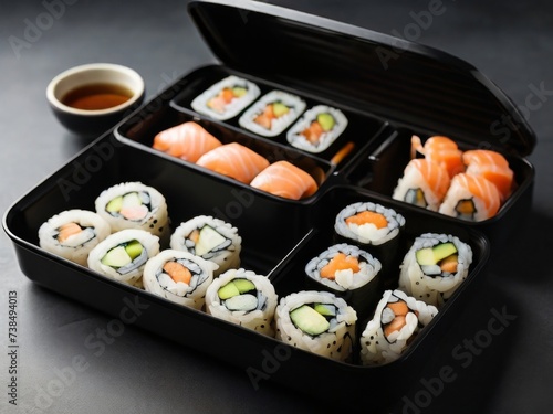 A lunch box with sushi rolls and soy sauce, placed on a black surface