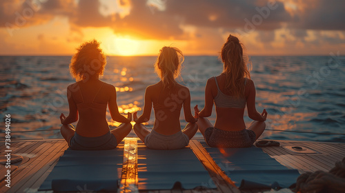 Serene family yoga session on yacht at dawn  harmony with sea.