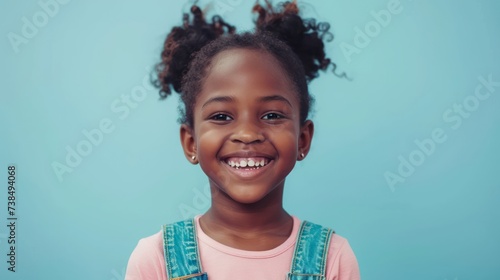 An African American girl, filled with happiness, wears a pink top and a blue denim jumper, creating a striking contrast against the light blue background. photo