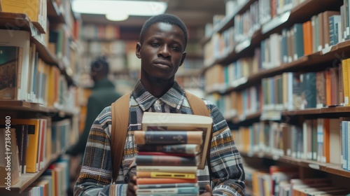 Young black man buying new interesting books in bookstore.