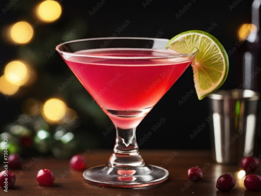 A festive cosmopolitan with vodka, cranberry juice and triple sec