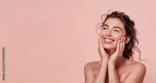 Radiant Beauty: Woman's Joyful Expression in Pink Backdrop, panoramic image with copy space. Generative AI.