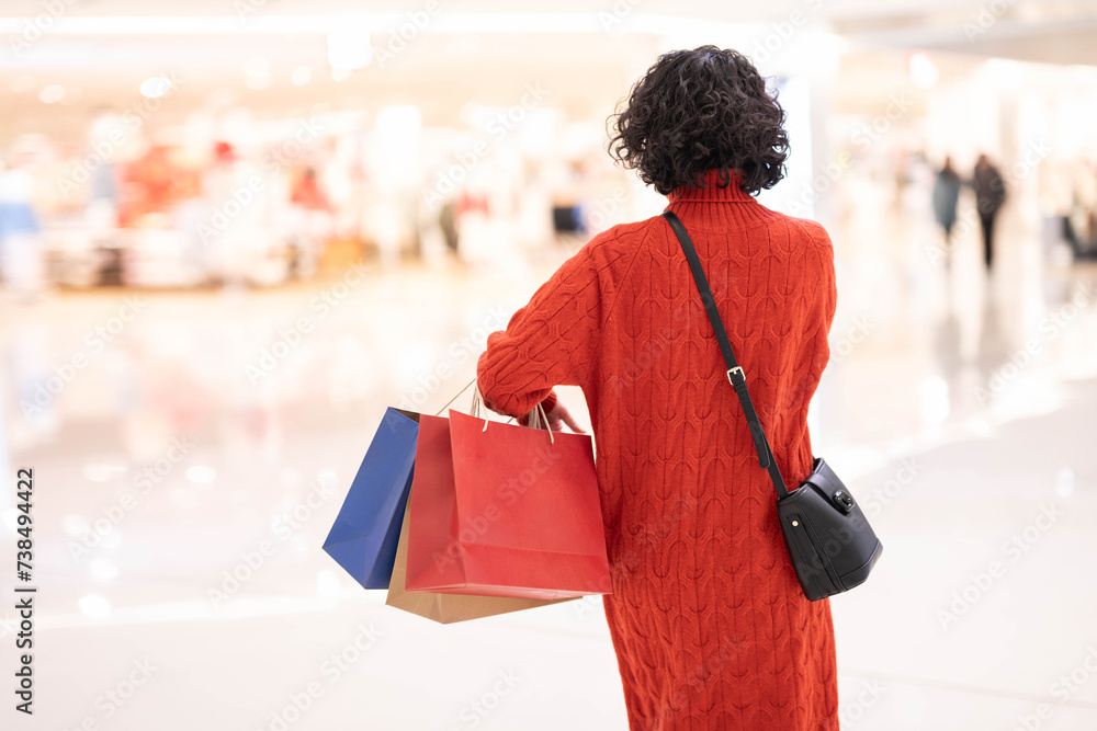 Fototapeta premium Back view of woman holding shopping bag