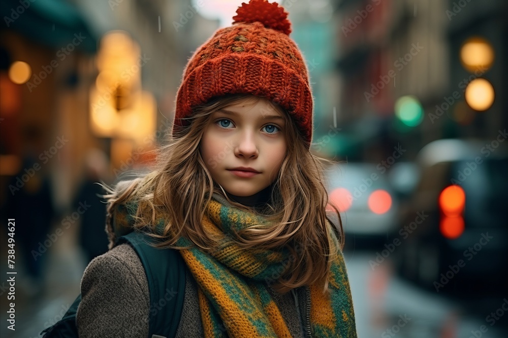 Portrait of a cute little girl in a hat and scarf on the street Portrait of a cute little girl in a hat and scarf on the street