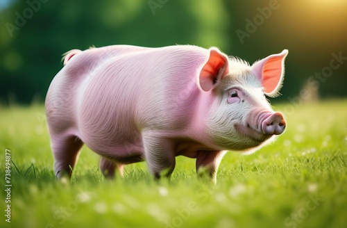 national pig day. pork day. pink domestic pig lying on a green meadow on a sunny summer day.